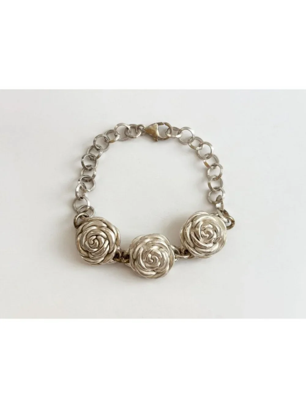 Triple Blooming Rosebud Floral Vintage Sterling Silver 925 Bracelet - 7.5